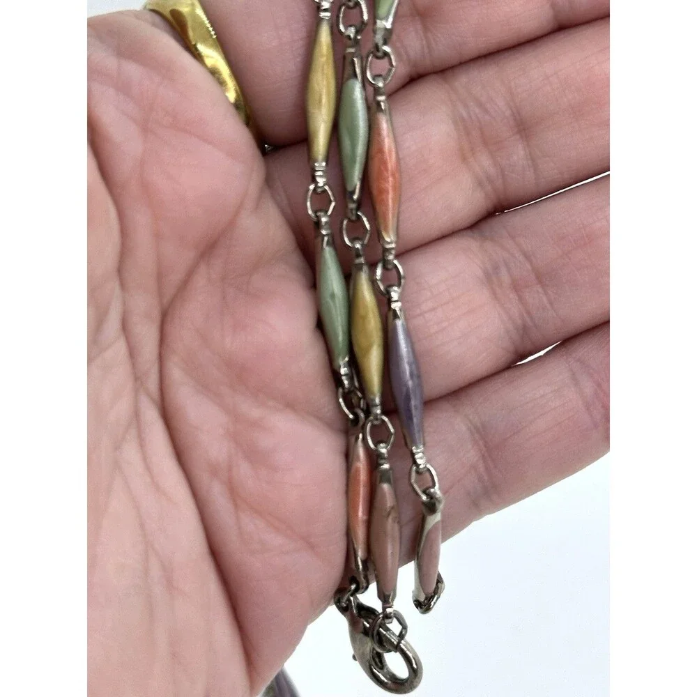 Vintage Pastel Enamel Link Necklace Gold Tone Green Yellow Purple Pink